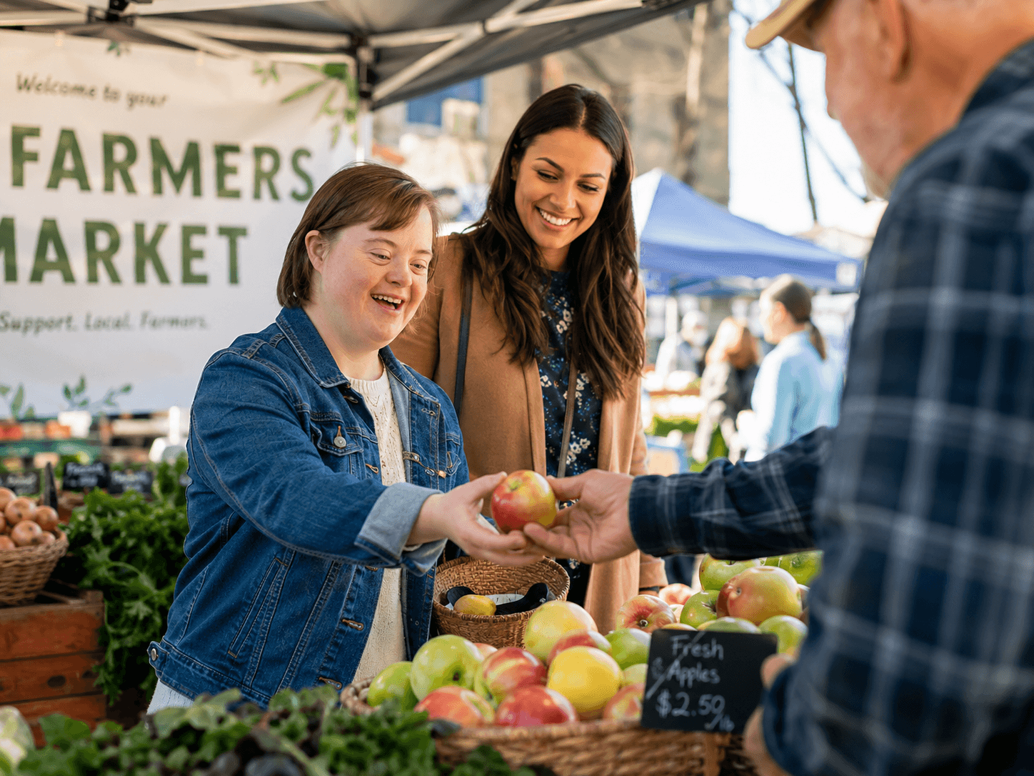 A woman with Down syndrome chooses fresh apples at a community farmers market stand, smiling alongside a friend.