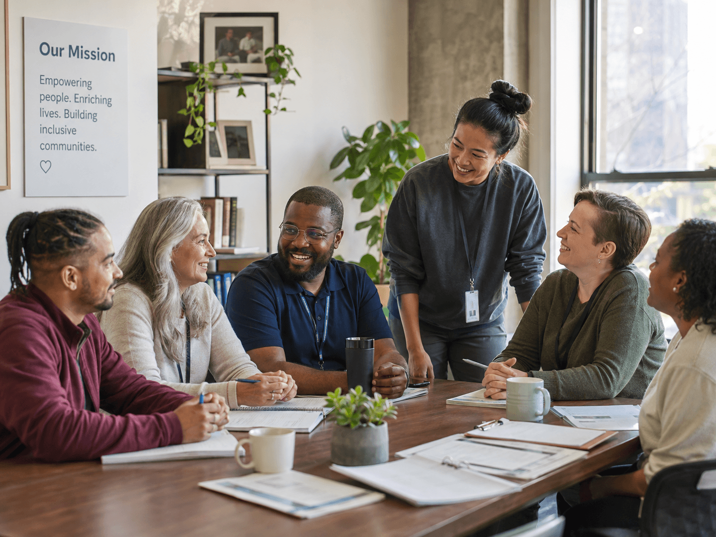A diverse team of ALL WAYS CARE support professionals collaborating warmly around a table.